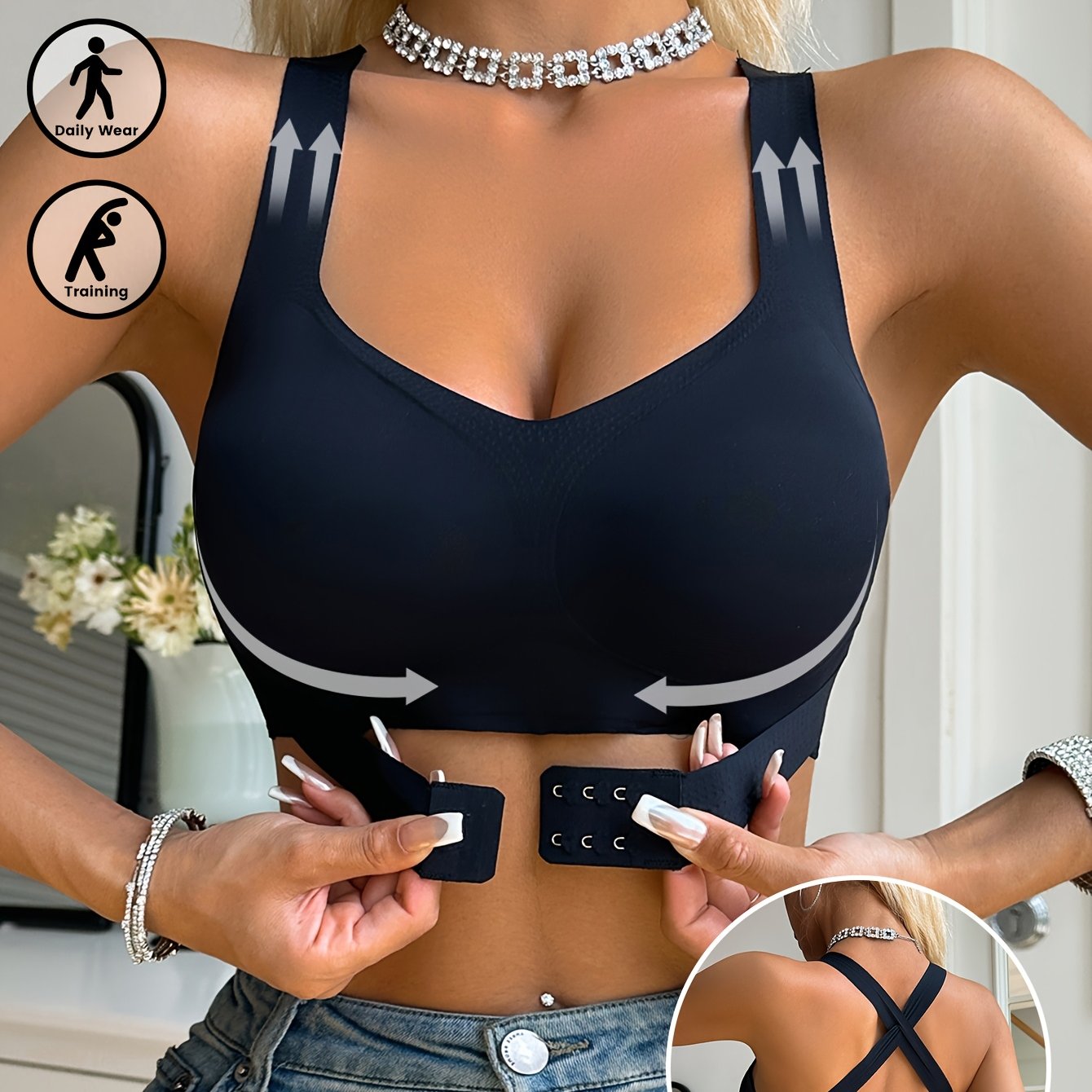 High-Support Women's Sports Bra - Black, No Underwire, Crisscross Back Straps, Removable Pads, Ribbed Fabric for Running & Yoga, Comfortable & Breathable Design