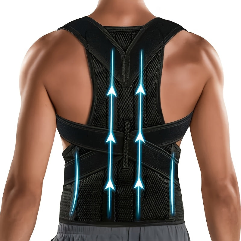 Adjustable Back Support Posture Corrector - Lumbar Support, Adjustable Straps & Mesh Back for Breathability - Black, Polyester, Nylon, Neoprene Blend, Knit Fabric, Posture Correction Vest|Breathable Back Support|Adjustable Strap Design