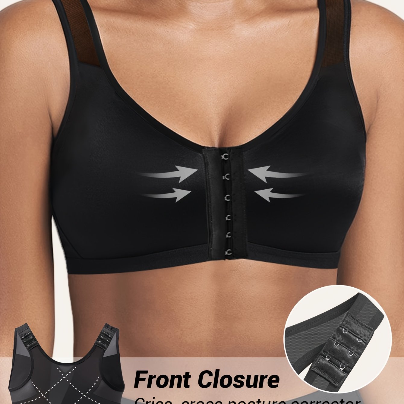 Women's Black Front Closure Sports Bra with Adjustable Wide Shoulder Straps, Removable Pads & Breathable Mesh Back - Posture Corrector for Workouts, Nursing, Daily Wear - All-Season Comfort, Workout Top, Supportive Fit, Soft Fabric, Gym Wear